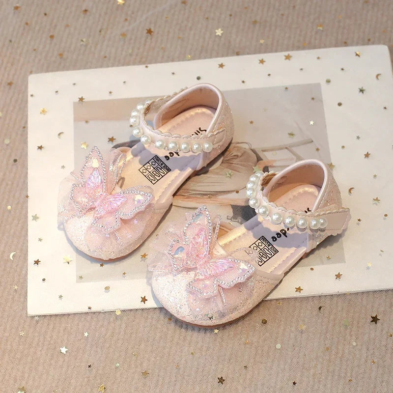 Girls Dress Shoes for Wedding Party Bling Sequins with Rhinestone Butterfly Sweet Princess Chic Kids Flat Shoes Lace Beaded