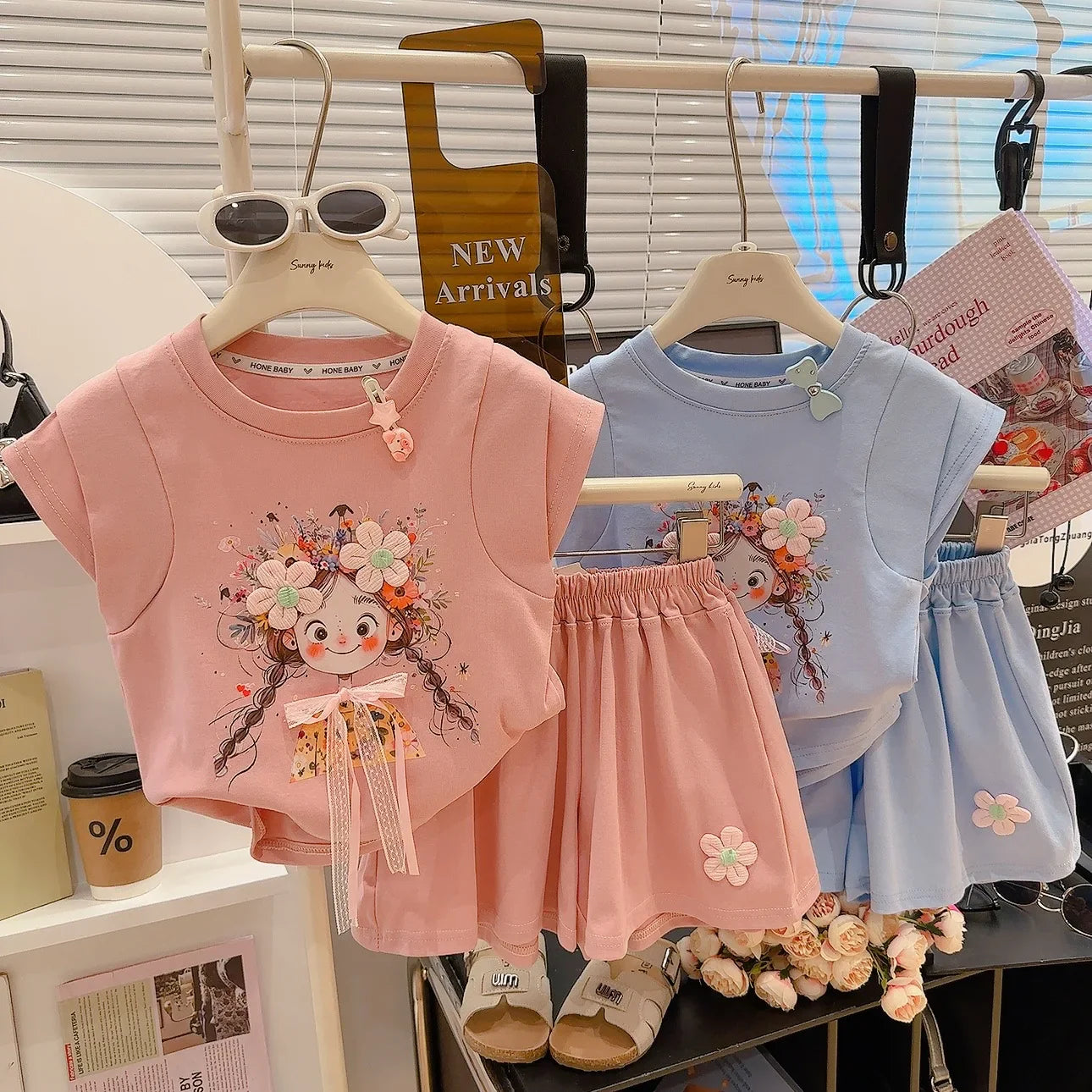 Korean Fresh Style Summer Set Cute Short Sleeve Top & High-Waist Shorts for Girls, 2-Piece Outfit