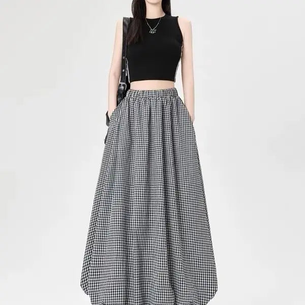 Skirt Autumn and Winter Four Seasons Show Thin Height Cake Black and White Plaid Dress