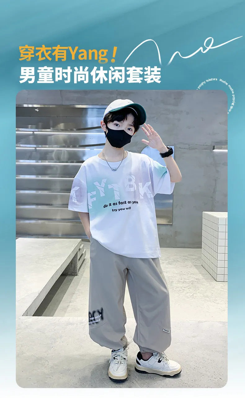 Teenager Boys Clothes Casual Outfit Kids Gradient Tracksuit Child t shirt + ankle tie pant