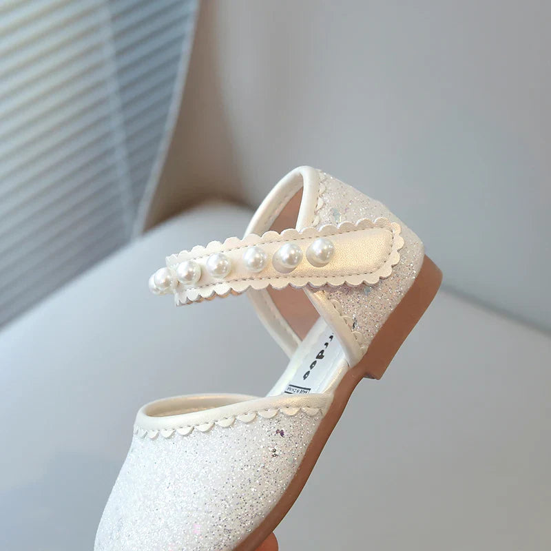 Girl's Princess Shoes Pearl Round Toe Glitter Sweet Kid's Flat Shoe Solid Colors Anti-slip Cute Party Daily Children Shoe