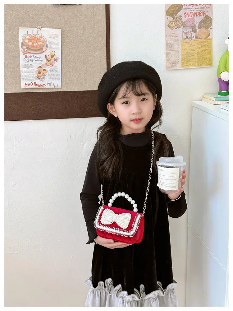 Sweet Bow Children's Small Square Shoulder Bag Sequin Lace Princess Girls Crossbody Bags Pearl Handle Coin Purse Handbags Gifts