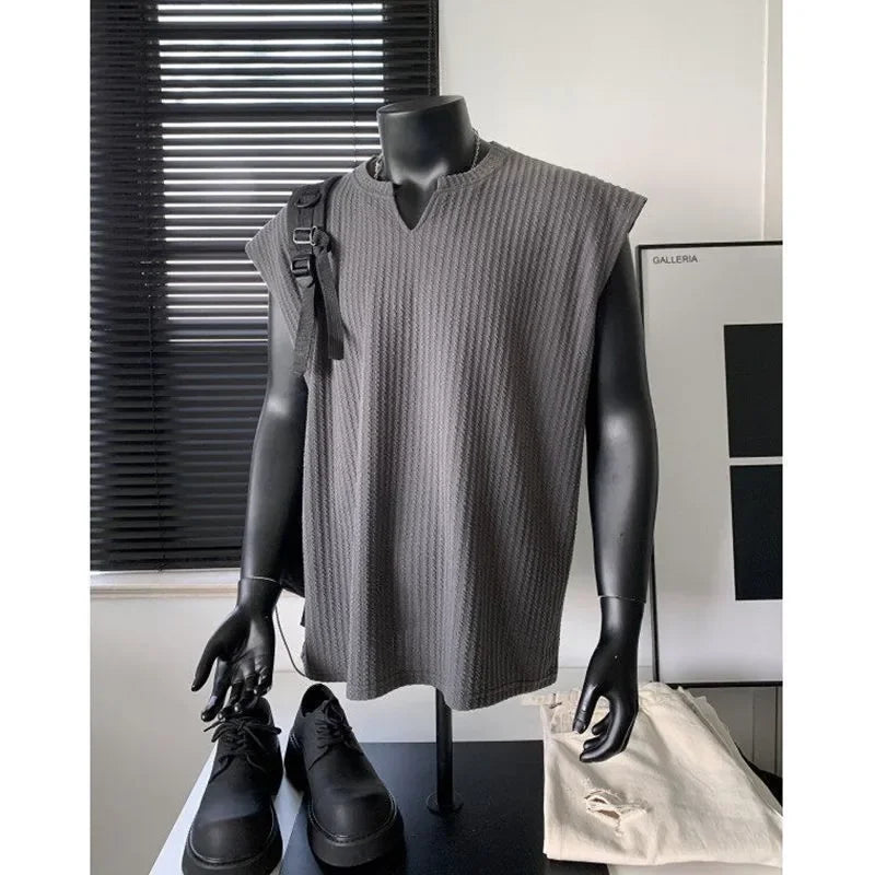 Striped Vest Men's Summer American Sleeveless V-Neck T-Shirt Textured Solid Fitness Sweatshirt