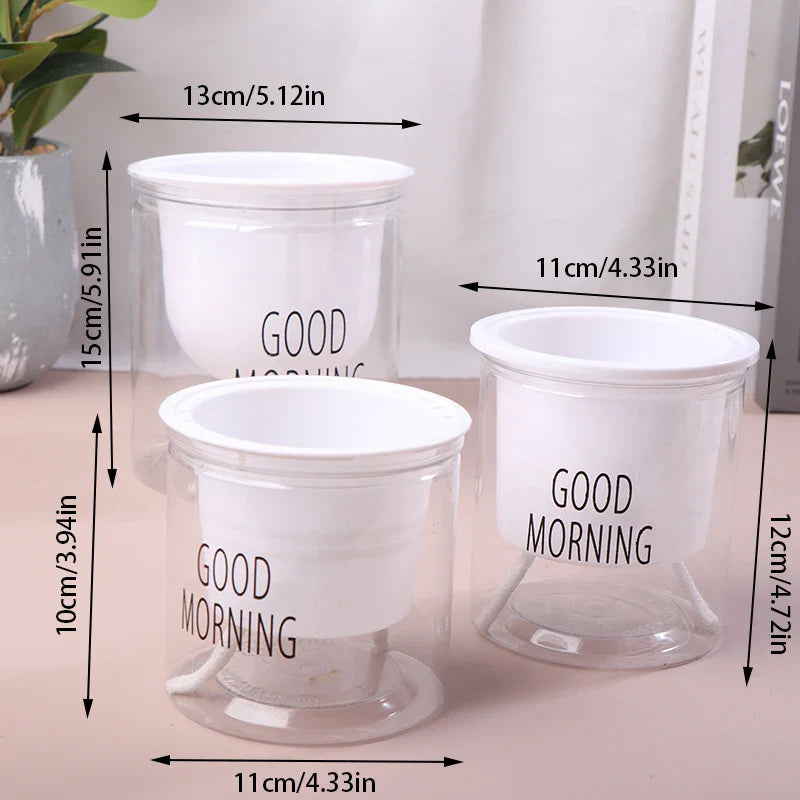 Flower Pot Automatic Water-Absorbing Flowerpot Transparent Double Layer Plastic Self Watering Planter Office