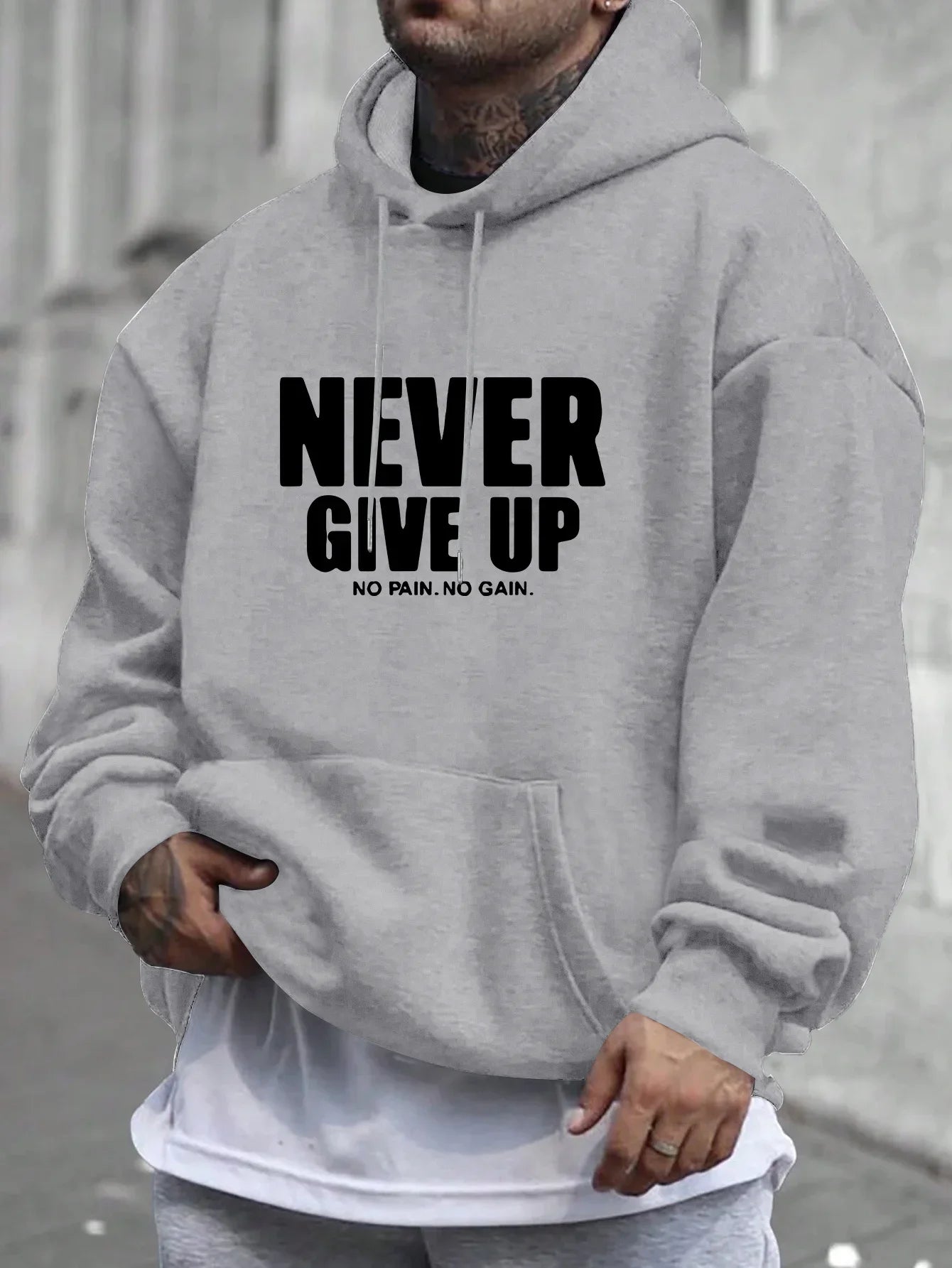 Men'S Hoodie Never Give Up Print Casual Fleece-Lined Pullover Kangaroo Pocket Stylish Streetwear Fall Casual Wear Hoodie
