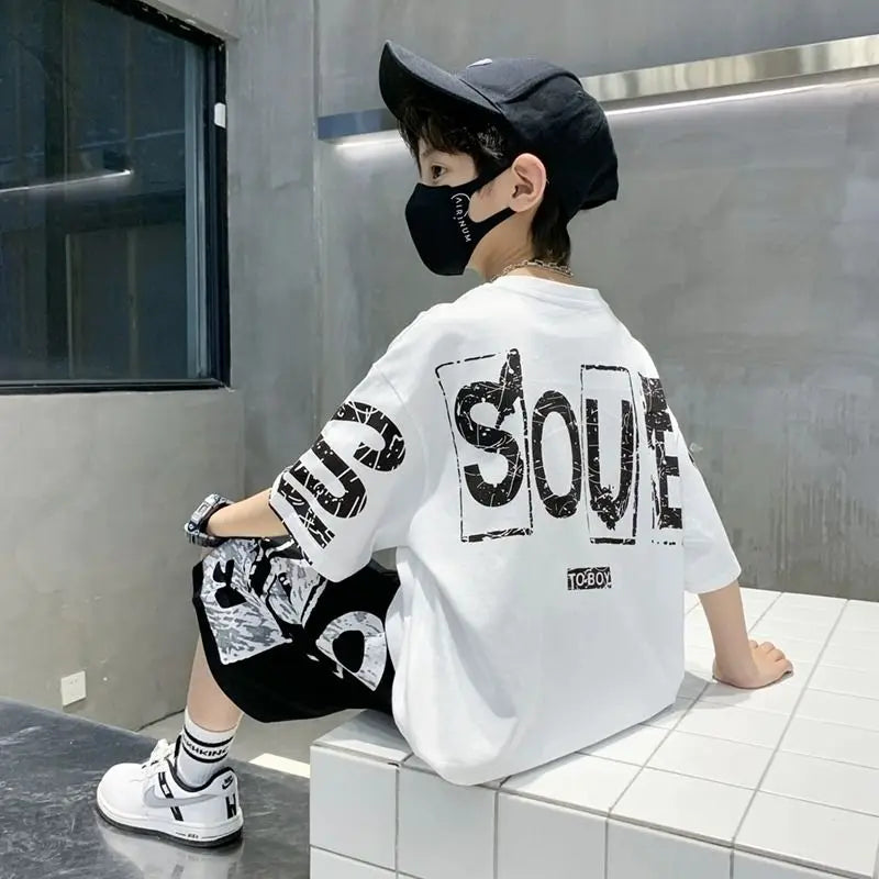 Boys Summer Trendy Casual Sports 2pcs T-shirts+Pants Suits 3-14 Years Teenage Boys Hip Hop Style Fashion Outfits Clothes Sets (Available)