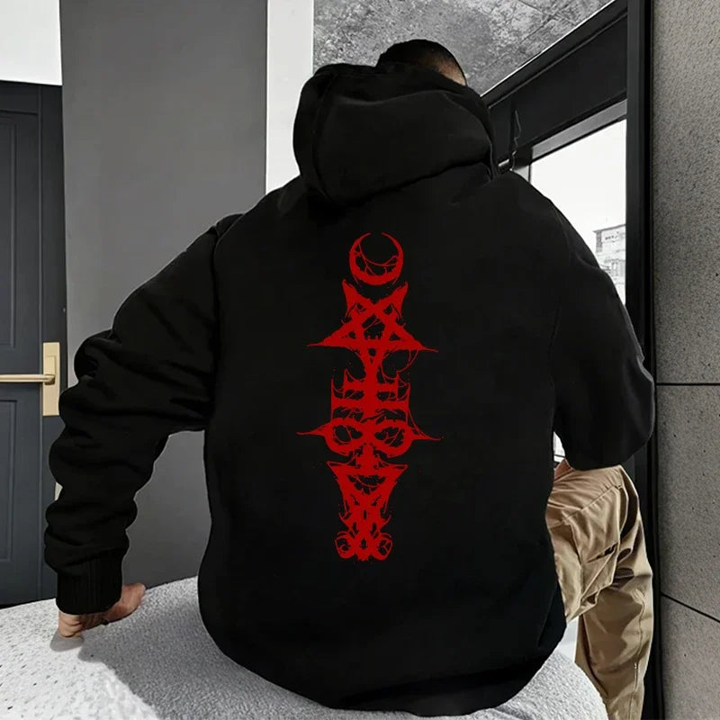 Mens Gothic Hoodie Satanic Symbol Print Street Fashion Warm Pullover Autumn Winter Male Home Outdoor Comfort Casual Sweatshirt