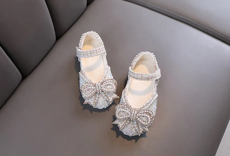 Girls Shoes Bling Single Shoes for Stage Performance Mary Janes Bow Crystal Glitter Wedding Flats Dance Party Leather Shoes New