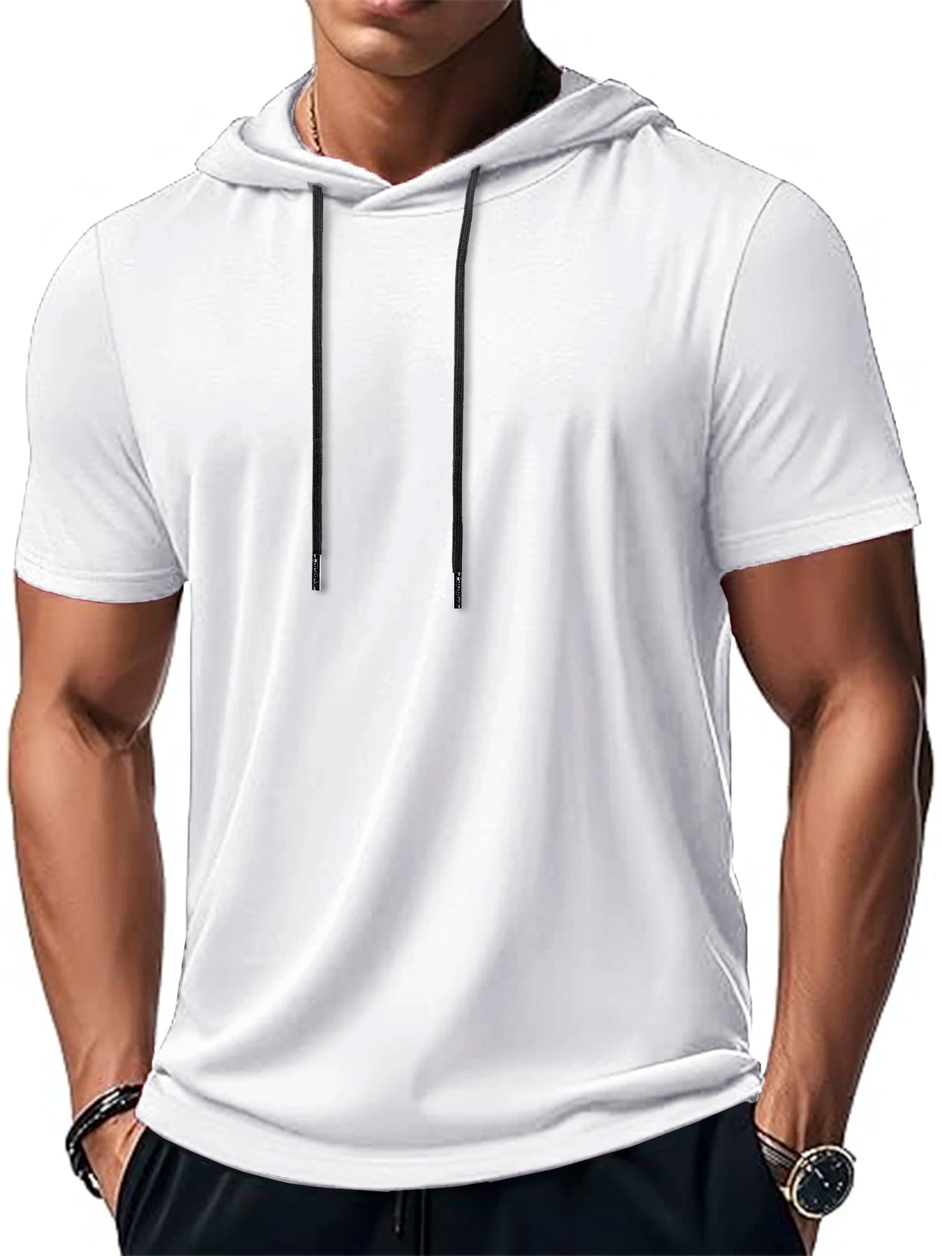 New Mens Short Sleeve Loose T-shirt Multi Solid Color Lightweight Hoodie Fitness Breathable Collar Tops Summer Hooded Sweatwear