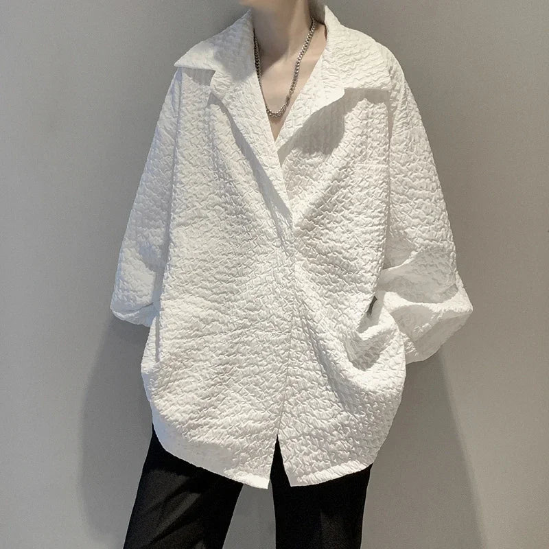 Men's White Textured Oversized Long Sleeve Shirt Loose Casual Wrinkle Fabric Button Down Blouse Fashion Streetwear Tops