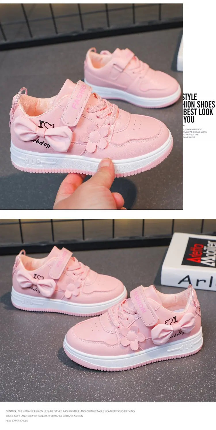 Girls Sneakers Pink Bow Decoration 3D Flowers Cute Sports Shoes Spring Autumn Breathable Casual Non-slip Outdoors Board Shoes