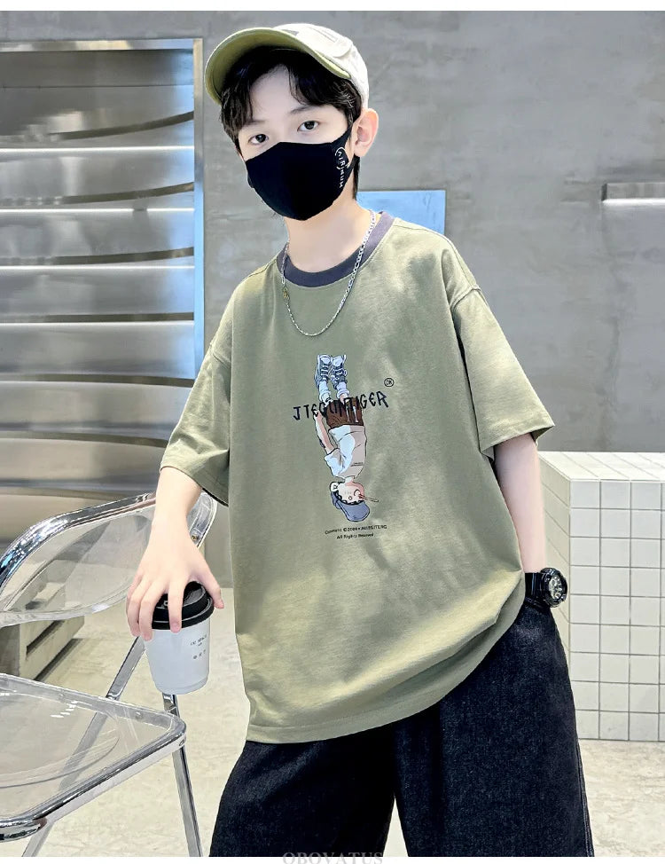 Summer Tees Tops for Teen Boy Cotton T-Shirt New Short Sleeve Fashion Cartoon Tshirts for Children Korea Kids Luxury Clothes