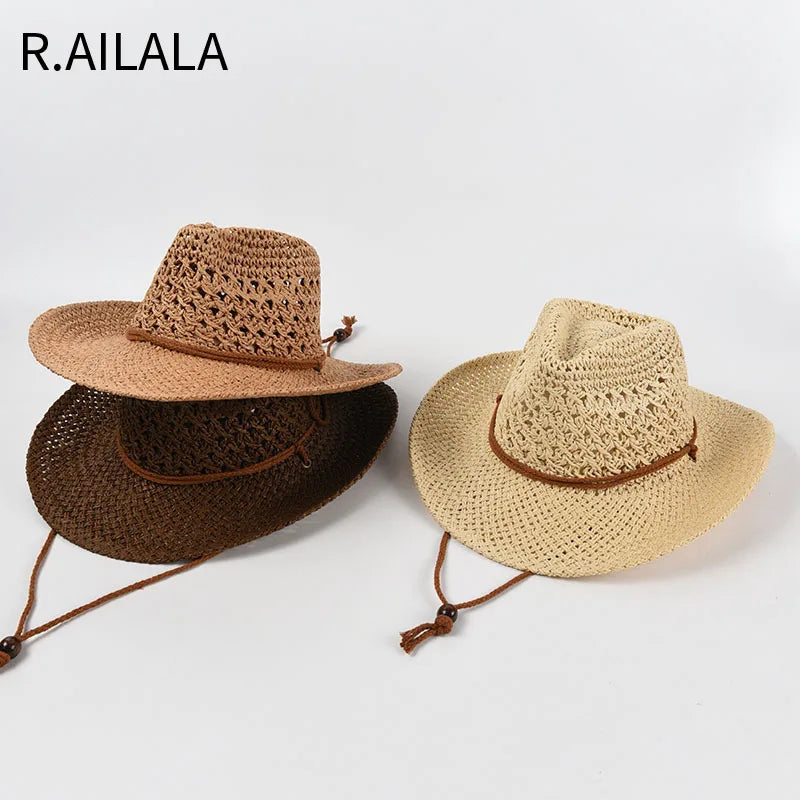 Panama Hat Summer Sun Hats for Women Man Hollow Out Beach Straw Hat for Men UV Protection Cap Chapeau Femme Women's Cowboy Hat