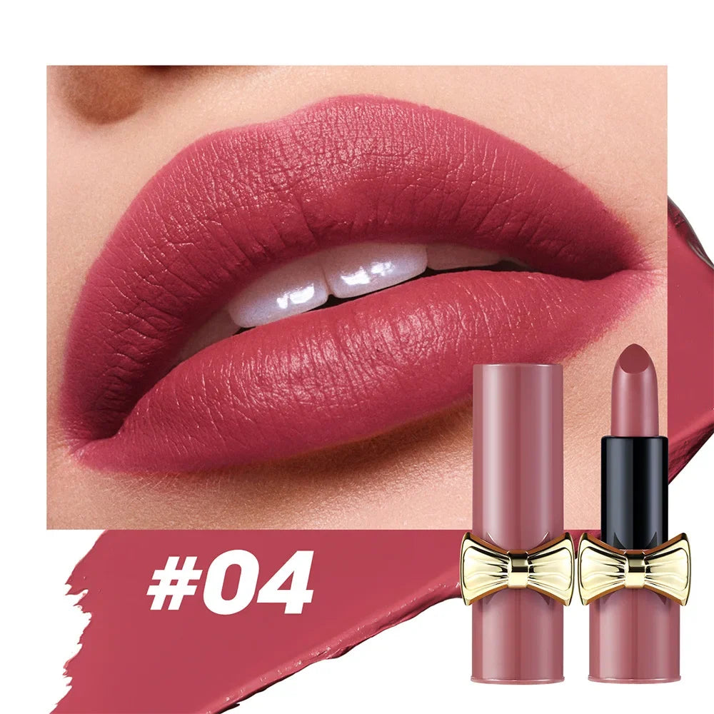 Bowknot Lipstick Matte Velvet Nude Lipstick Brightly Coloured Lip Tint Balm Non-stick Cup Smooth Sexy Red Pink Lip Glaze Makeup