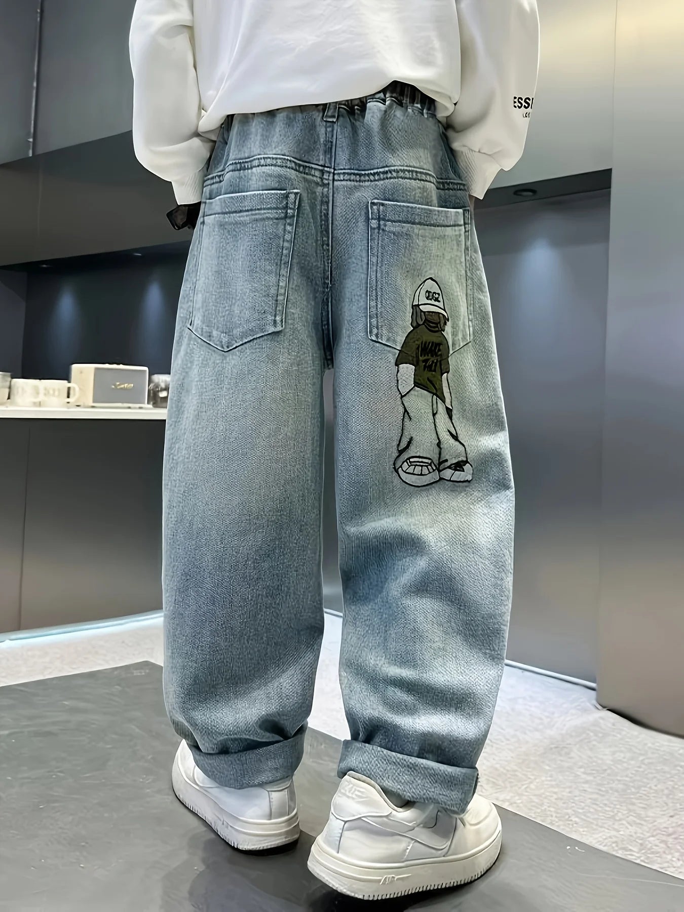 【One Pair of Pants】Boy's casual loose straight jeans, suitable for all seasons, with full elastic waistband