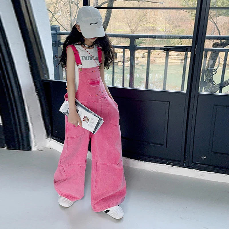 Luxury Kids Pink Denim Dungarees Bib Jeans for Teens Girl Casual Suspender Jumpsuit Child Fashion Jeans Overalls