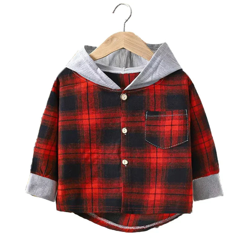 Spring and Autumn Children's Coat plaid boy shirt hooded plaid shirt 2-12 year old girl long sleeved coat baby clothes (Available)