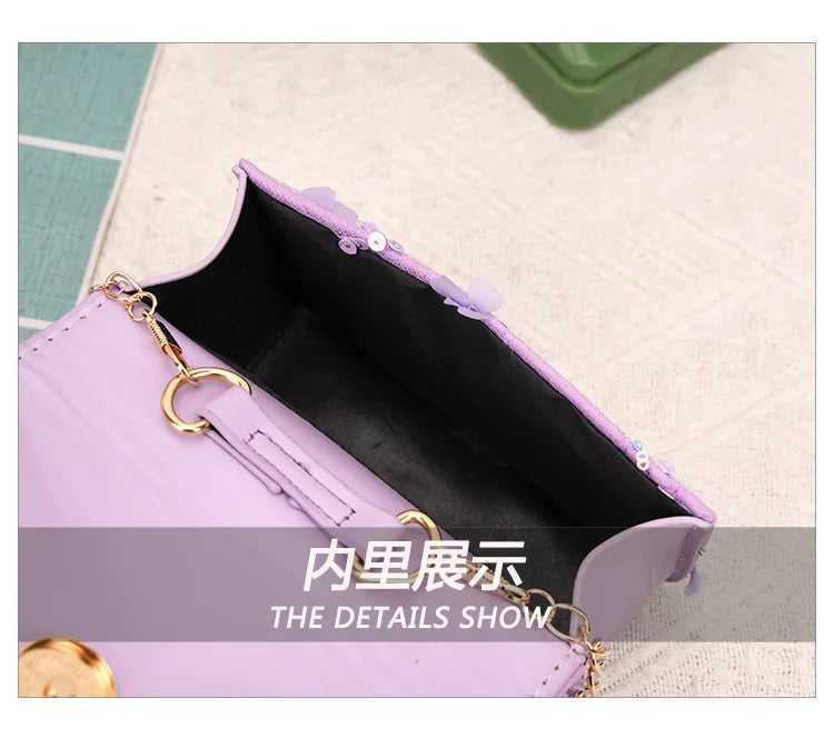 Cute Sequin Bow Kids Mini Square Shoulder Bags Versatile Children Chain Crossbody Bag Lace Girls Pearl Handbags Clutch Purse