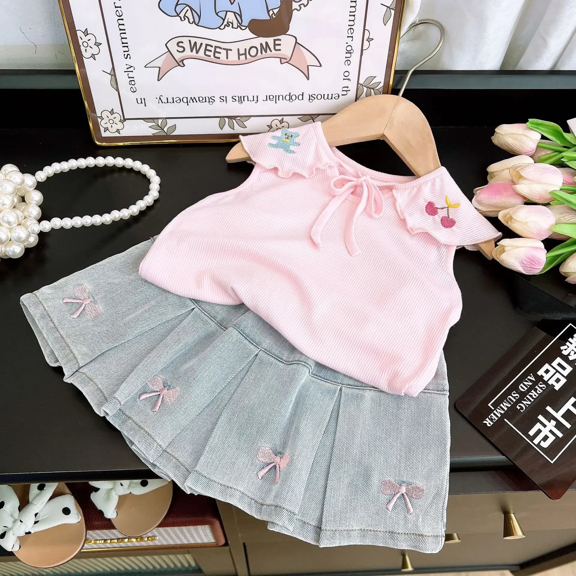 Children's Clothing Sets Cartoon Embroidered Lapel Sleeveless Top + Bow Embroidered Denim Skirt 2pcs Baby Girl Outfit Set
