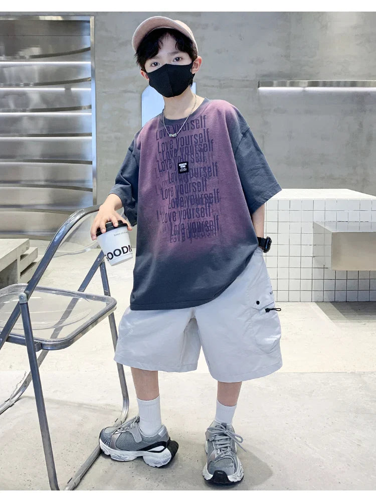 Summer Kids Outfit Sets for Boys Short Sleeve T-shirt Shorts 2PS Clothing Set Tweens Child Tracksuit Top and Bottom Clothes Set  (Available)