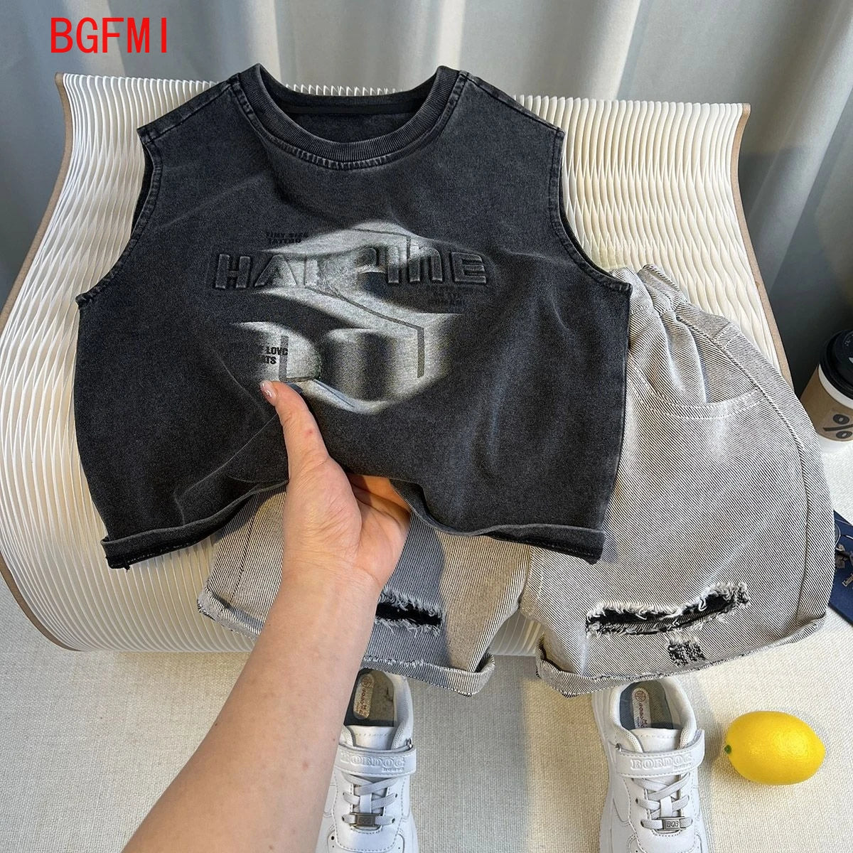 Korean Children's Summer Clothes Kids Set Outfits Boys 2025 Handsome Sleeveless&Short Sleeved T-shirt Denim Shorts 2-piece Set