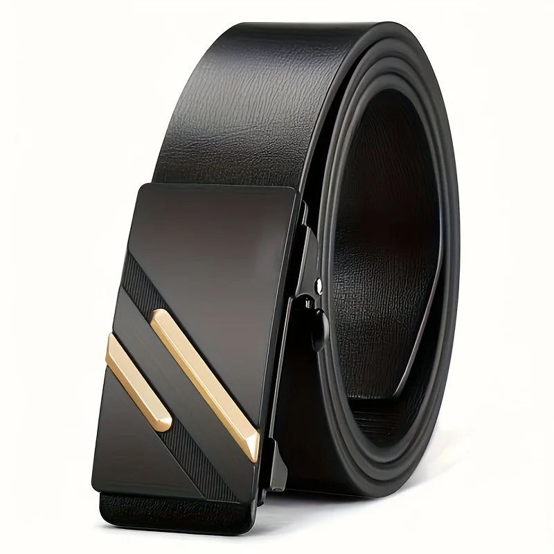 Men's belt made of synthetic leather with an automatic alloy buckle, durable and suitable for casual and semi-formal occasions.