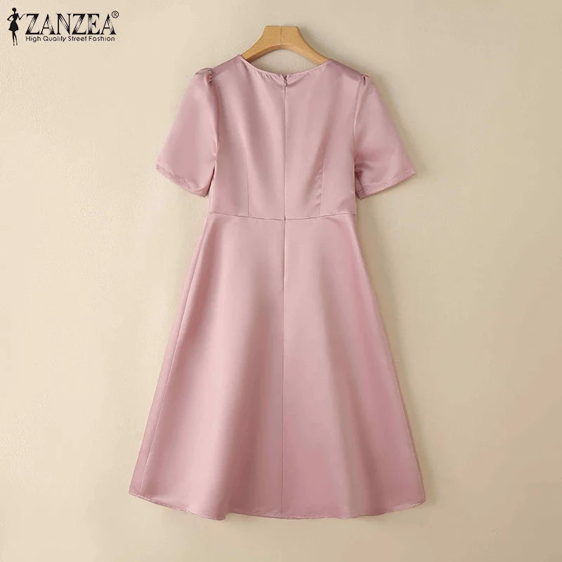 Woman Party Dresses Shiny Satin Round Neck Short Sleeve Fabric Flower A-line Robes Femme Fashion Midi Vestidos