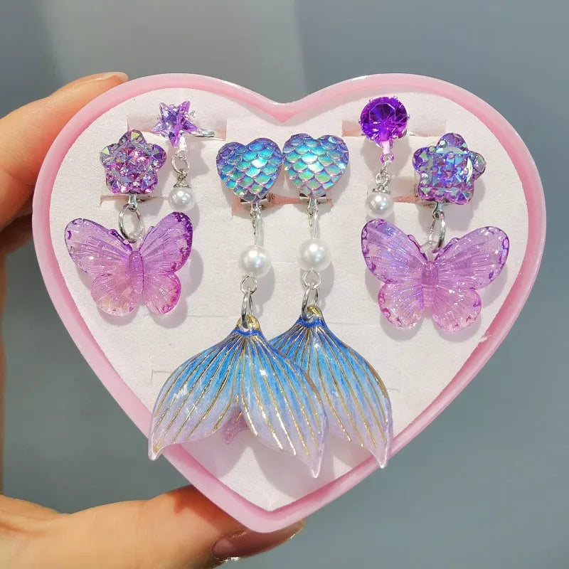 3pair Cute Children Ear Clip Earrings for Girl Without Ear Holes Sweet Mermaid Baby Ear Clip Set