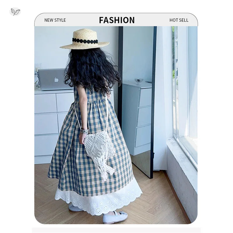 Summer Girls Retro Red Plaid Vest Dress 2-Piece Set Thin French Style Strappy Sundress Casual Vacation Outfit Teen Kids Clothes
