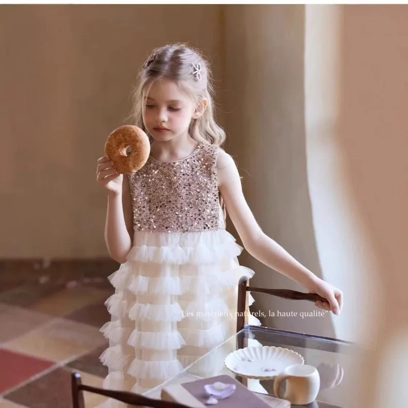 New Summer Party Dress for Kids Girls Sequined Sleeveless Mesh Cake Princess Dress Fashionable and Comfortable Skirt S4016