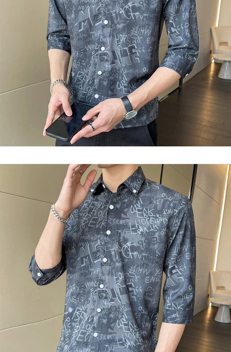 Men's Stylish 3/4 Sleeve Shirt English Letter Print Casual Turn-Down Collar Summer Fashion Breathable Loose Fit Top
