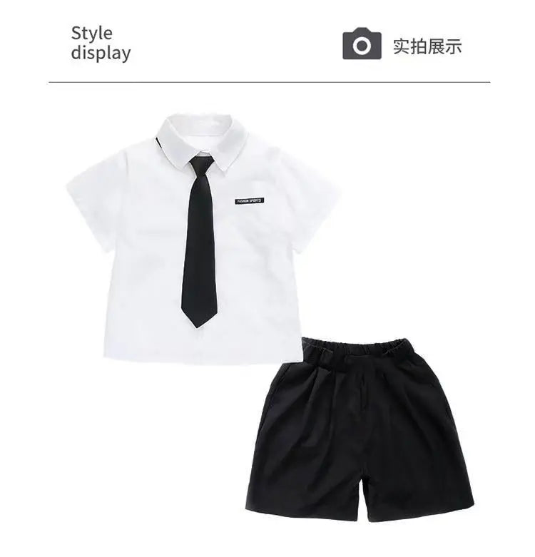 Teens Boys Summer Set Children's Wear Thin 2025 New Handsome British Style Boy White Cotton Short Sleeved Shirt+Black Shorts+Tie