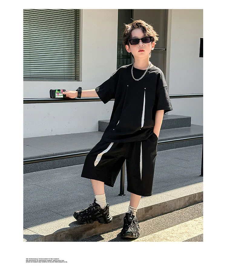 American Kids Design Double Cotton Gauze Clothing Set For Teenage Boy Casual Summer Top and Bottom Clothes Set Child Tracksuit