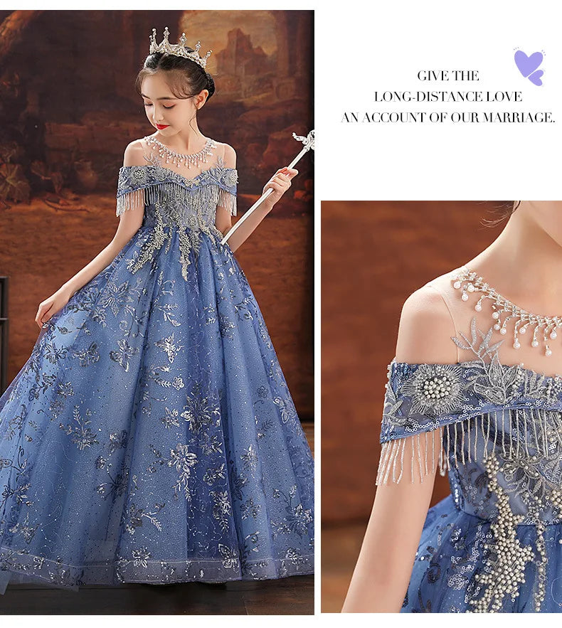 Girl Elegant Off Shoulder Dress Fashion Runway Show Luxurious Princess Dresses for Girls Birthday Party Long Kids Vestidos (Available)