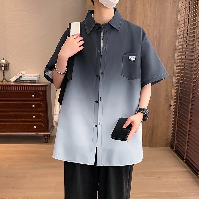 Short sleeved shirt for men, summer gradient loose shirt, retro casual trend, solid color, color blocked half sleeve