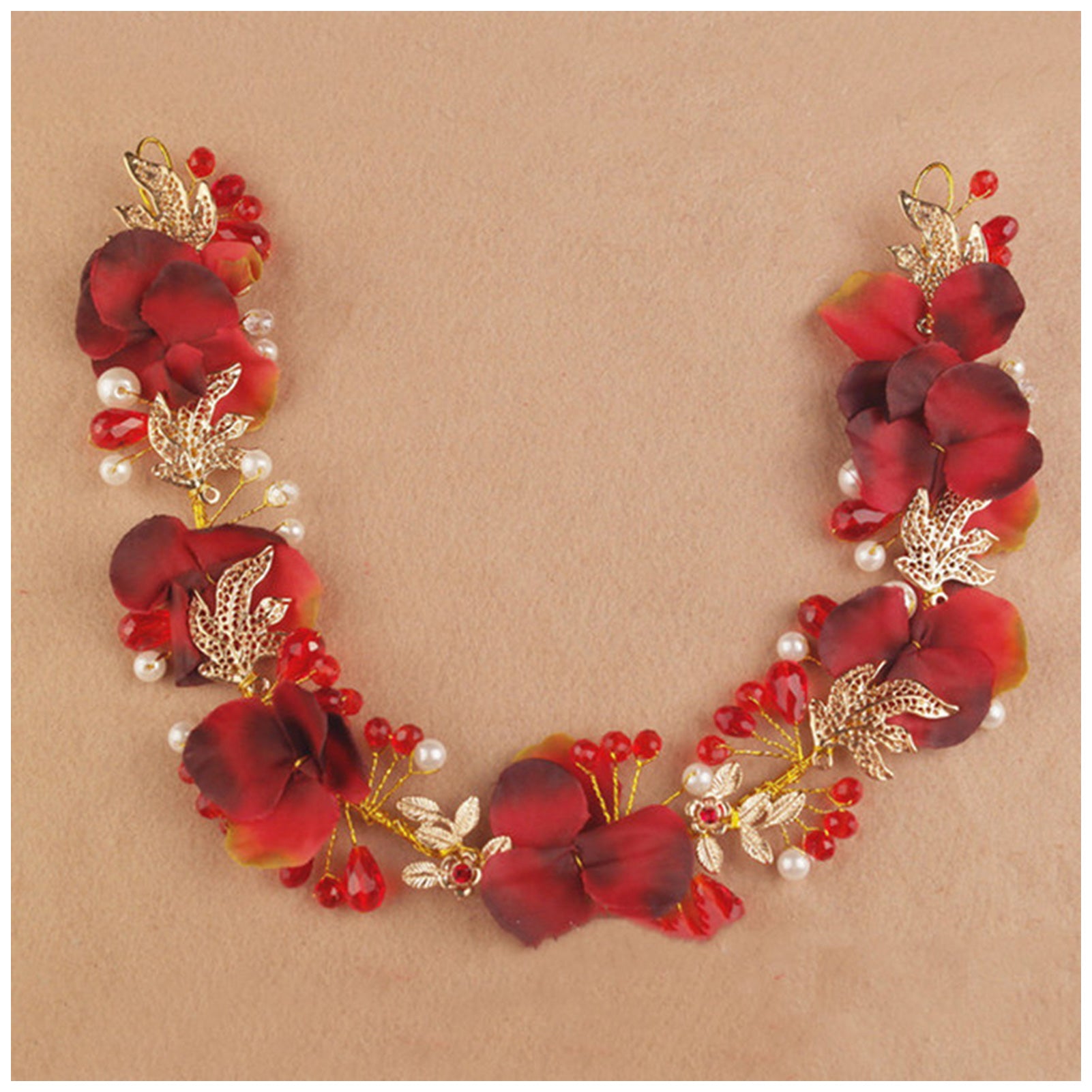 Artificial Flower Hairband Wedding Tiaras For Women Red Floral Pearl Headband Elegant Girls Hair Hoop Bridal Headwear Jewelry