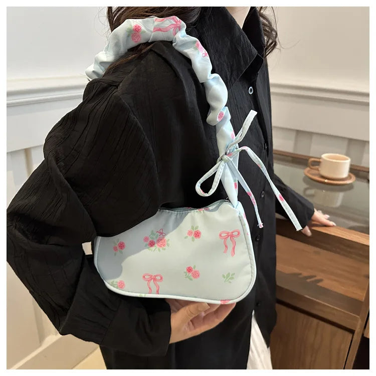 Women's Bags  Summer Nylon Pleated Handbags Armpit Bag Korean Floral Bow Printed Zipper Tote Bag Female Small Shoulder Bags