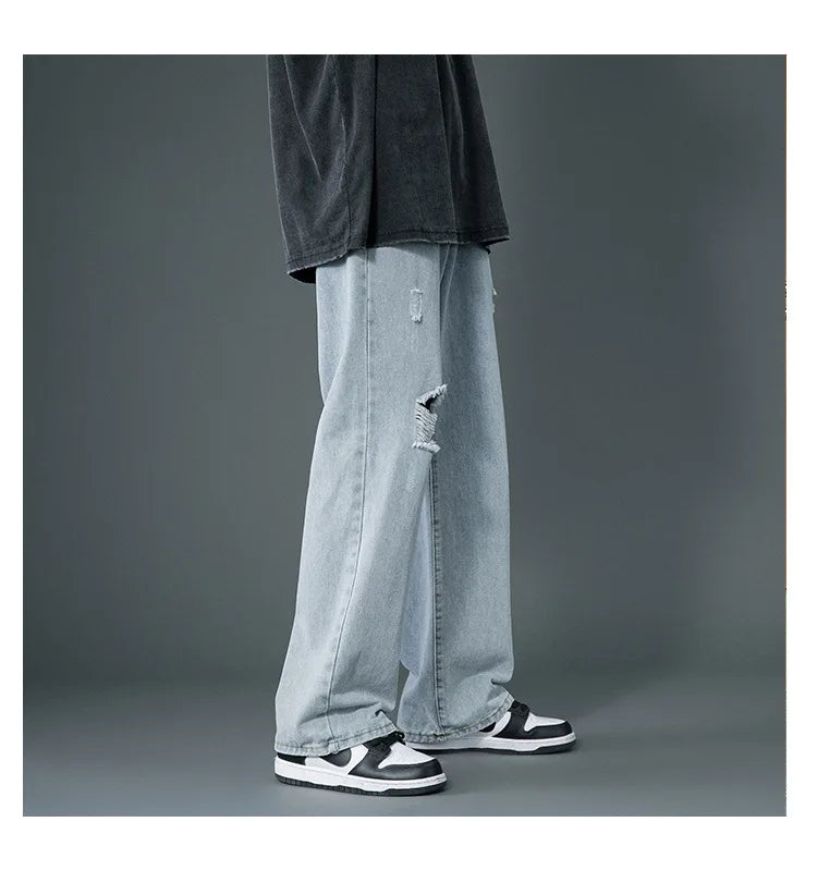 Ripped Jeans Men Ins Trendy Straight Leg Loose Wide Leg Pants High Waist Floor Mopping Denim Pants Versatile Casual Pants Men's