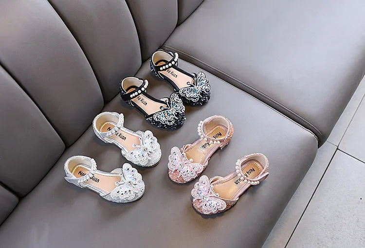Kids Sandals for Girls Rhinestone Butterfly Elegant Versatile Children's Summer Sandals Soft Bottom Princess Fashion Flat Shoes