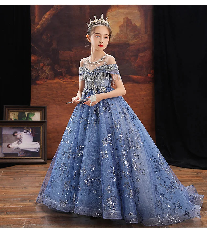 Girl Elegant Off Shoulder Dress Fashion Runway Show Luxurious Princess Dresses for Girls Birthday Party Long Kids Vestidos (Available)