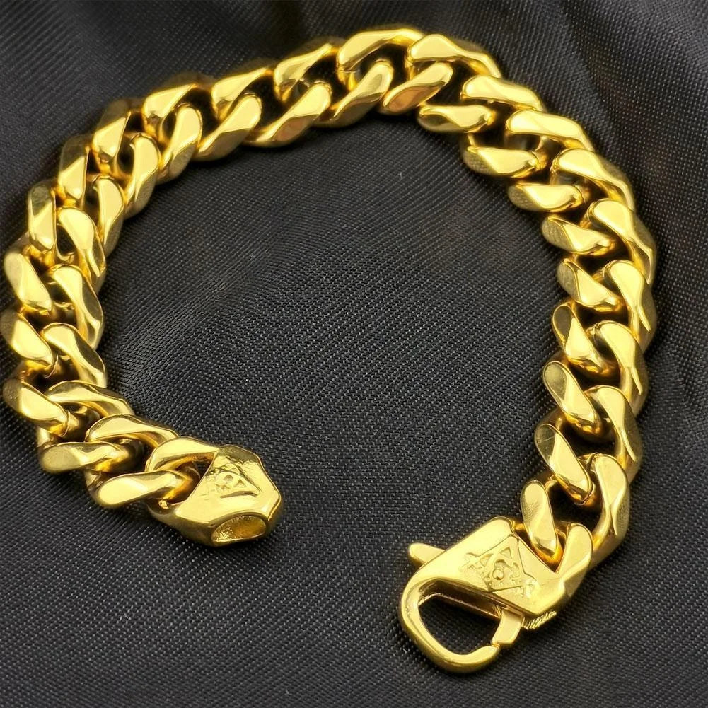 Freemasonry Masonic Mason Bracelet Mens Stainless Steel Yellow 11mm Width