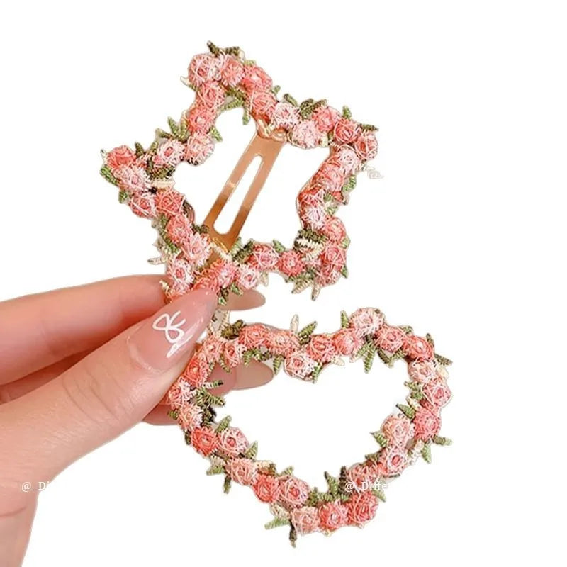 Pink Embroidered Flower Hairpin for Girls Kids Hair Clip Bangs Side Hair Accessory Barrettes