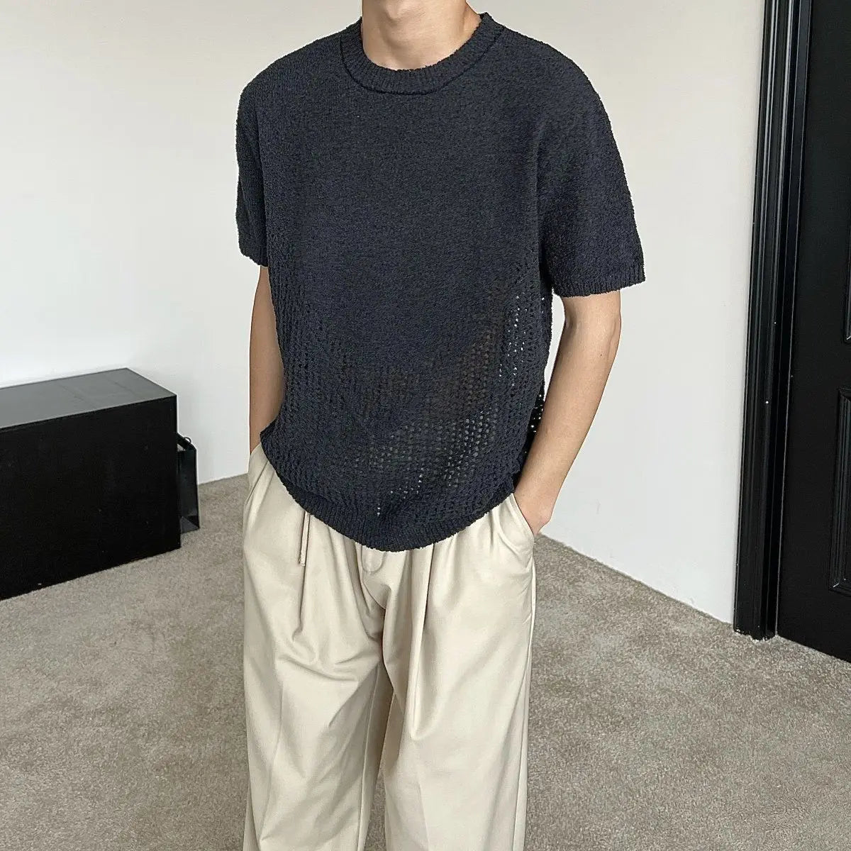 Hollow out short sleeved sweater for men and women, spring and summer new style loose and versatile knitted cardigan top