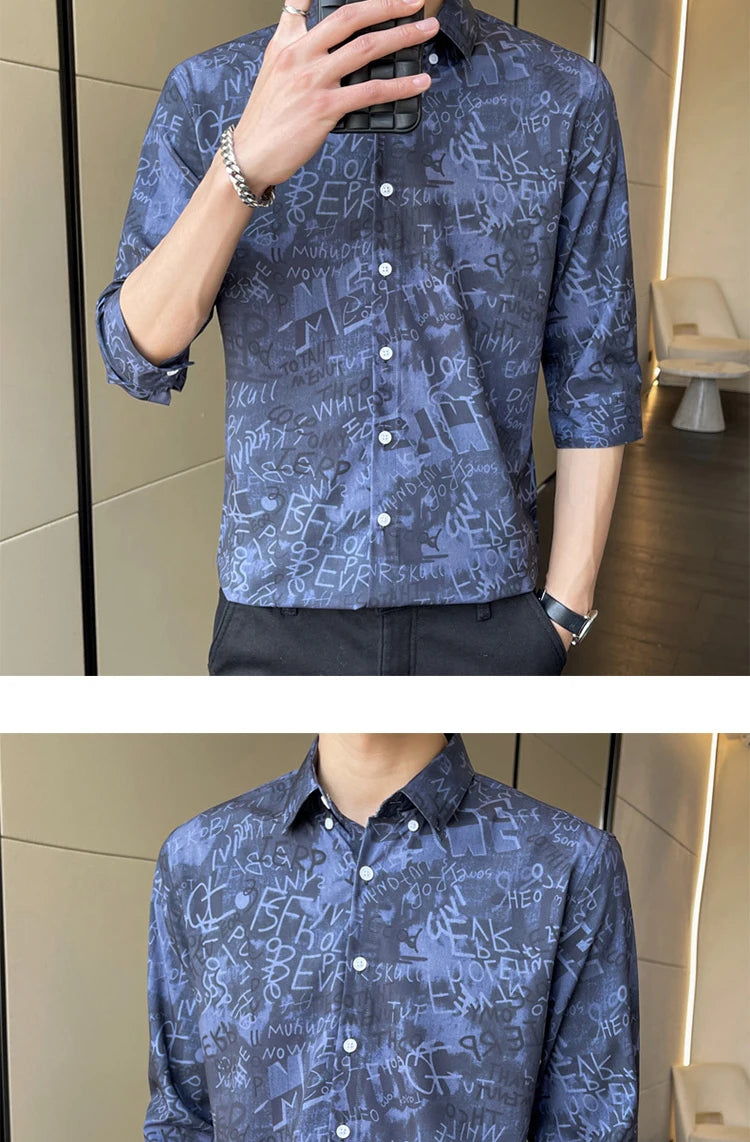 Men's Stylish 3/4 Sleeve Shirt English Letter Print Casual Turn-Down Collar Summer Fashion Breathable Loose Fit Top