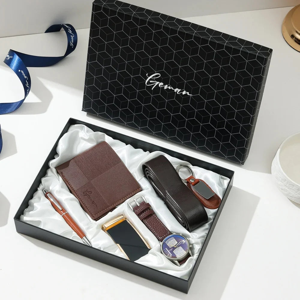 New Luxury Men's Accessory Set Watch Belt Wallet Pen Keychain Bracelet Cufflinks Sunglasses Gift Box for Dad Husband Boyfriend