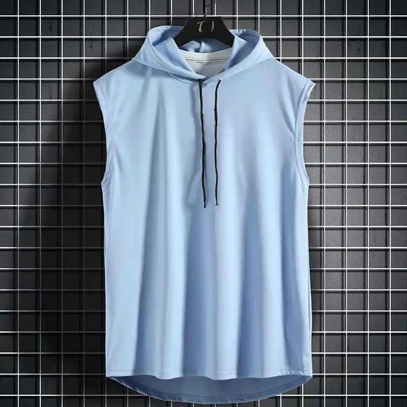 Summer men's sleeveless hooded vest, casual style solid color versatile T-shirt