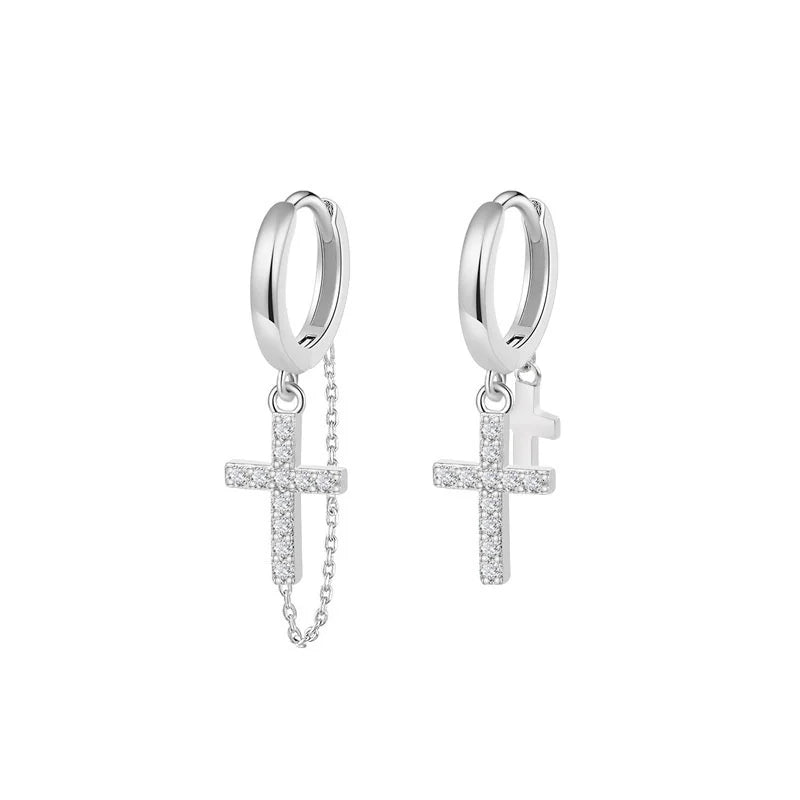 Trendy 925 Sterling Silver Earrings For Men Jewelry Classic Double Cross Drop Earrings Male Personality  Asymmetric Ear Buckle