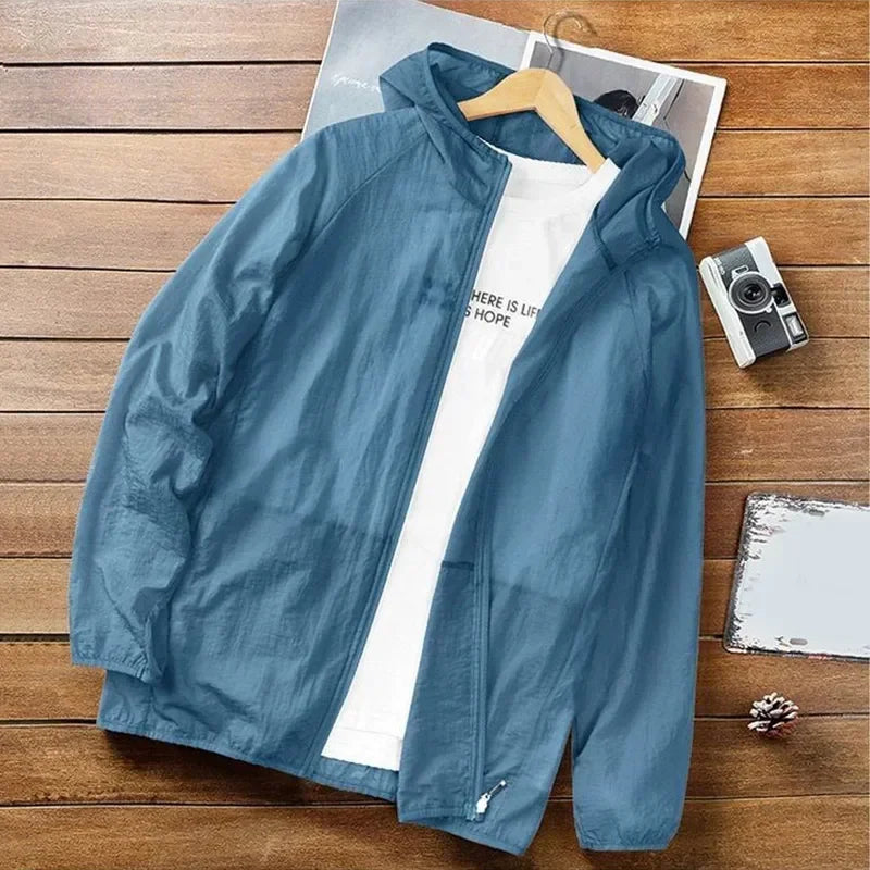 Men Summer Thin Sun Protection Jacket Outdoor Zipper Hooded Loose Casual Outerwear UV-proof Breathable Quick Dry Cycling Coats