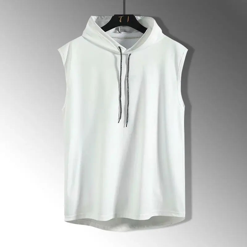 Summer men's sleeveless hooded vest, casual style solid color versatile T-shirt