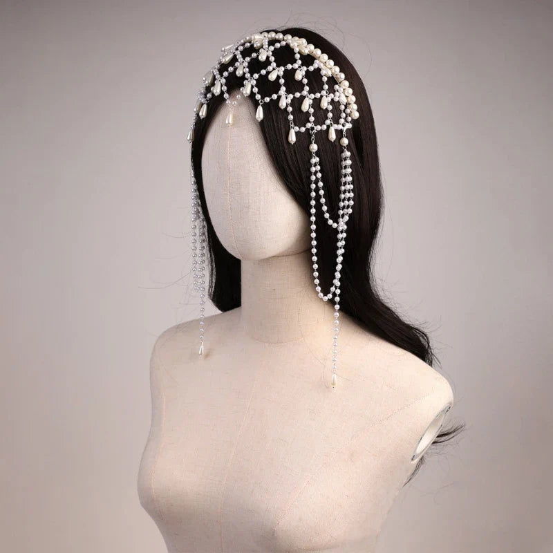 Handmade Imitation Pearls Bridal Hair Chain Elegant Wedding Headpiece Comfortable Headbands For Bride